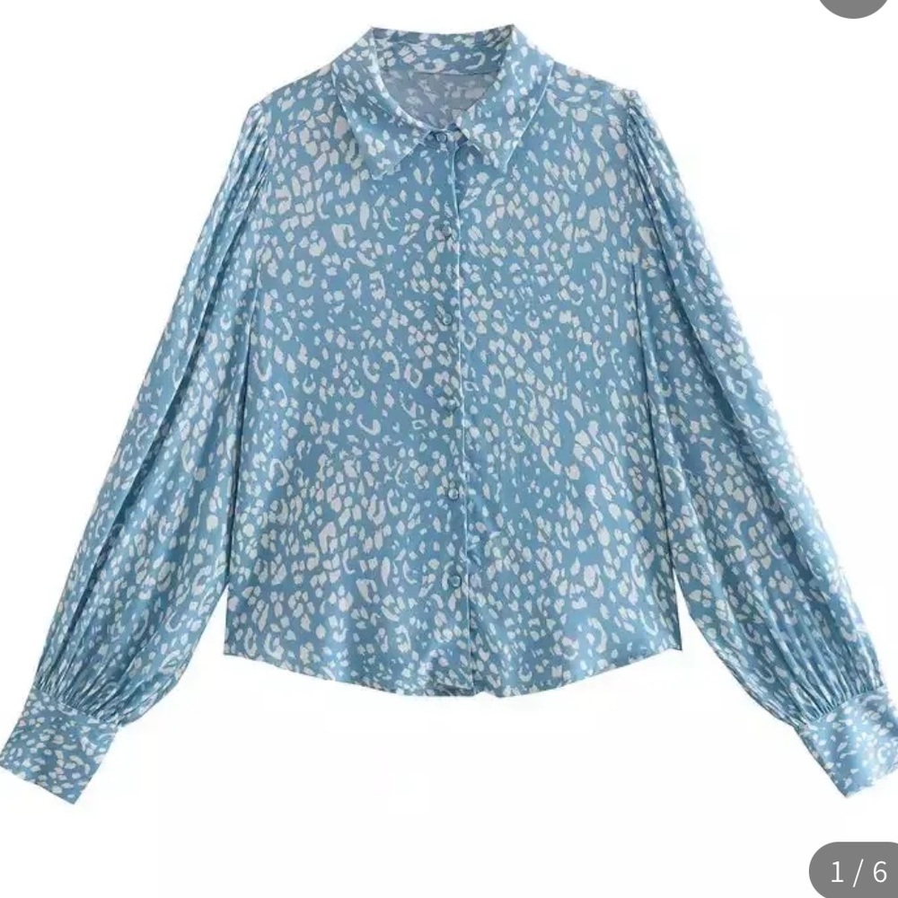 Zara blue and white rare Marilyn long sleeve button down collared blouse…